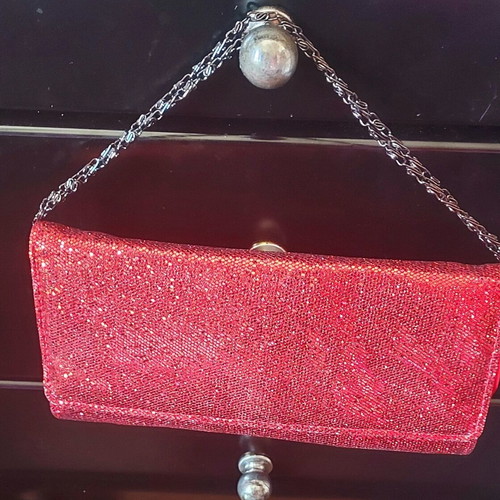 Red evening clutch bag new with glitter and metal chain shoulder strap