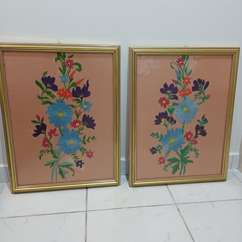 Set of two embroidered paintings used, 39cm x 50.5cm each