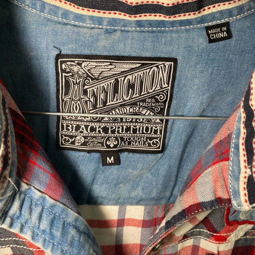 Affliction flannel shirt new, tricolor with unique back design, size M