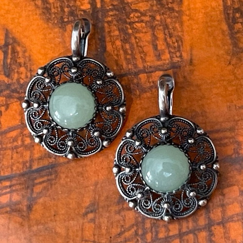 Silver earrings handmade filigree 925 with nephrite stone