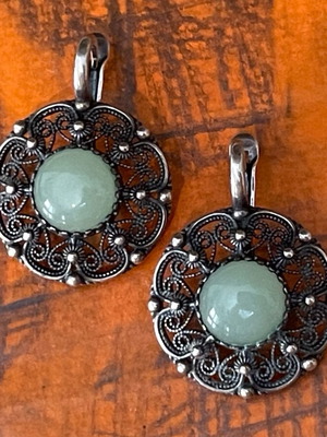 Silver earrings handmade filigree 925 with nephrite stone