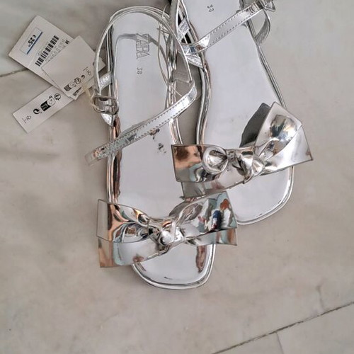 Zara silver mirrored sandals with bow new, size 38