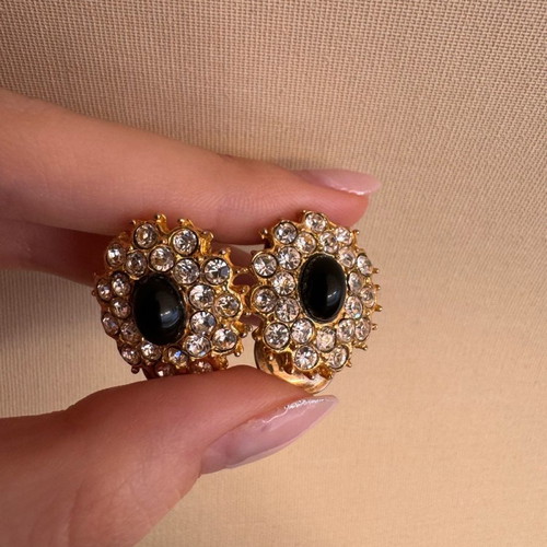 Vintage clip-on earrings with rhinestones and black hematite stone