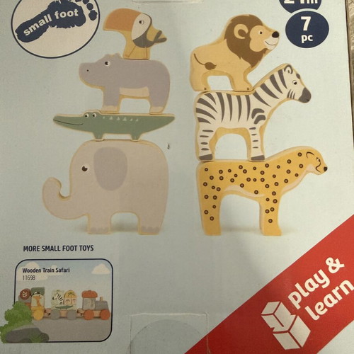 Montessori stacking and balancing game with 7 wooden animal figures