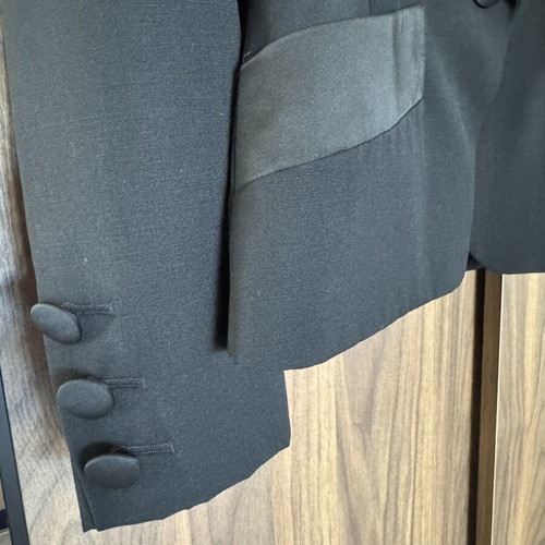 Yves Saint Laurent Variation black wool skirt suit with satin details FR 40