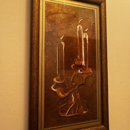 Art print with candleholder theme 15x26 cm, like new, brown beige