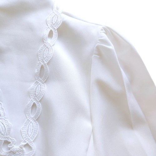 White Embellished Blouse with Embroidered Lace Trim and Poet Sleeves