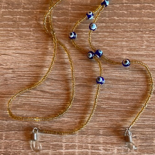 Eyeglass chain with beads and blue evil eye charms, new, 73 cm