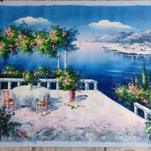 Oil painting on canvas used, veranda with view 95x65 cm