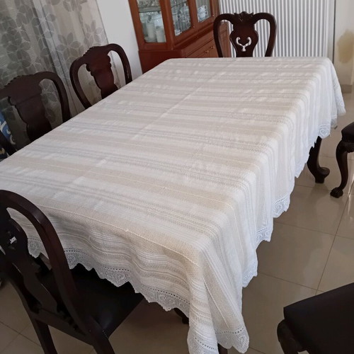 Handwoven Tablecloth with Handmade Lace, New, 2.40×1.90 m, Linen Cotton