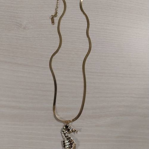 Summer necklace gold steel with embossed blue seahorse like new