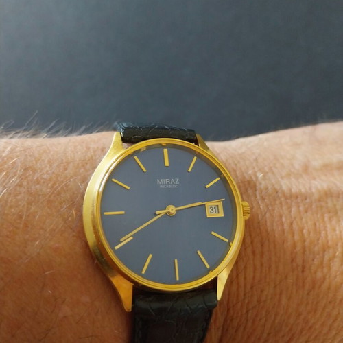 Miraz Swiss vintage men's wind-up watch NOS, gold plated, blue dial, leather strap 38mm