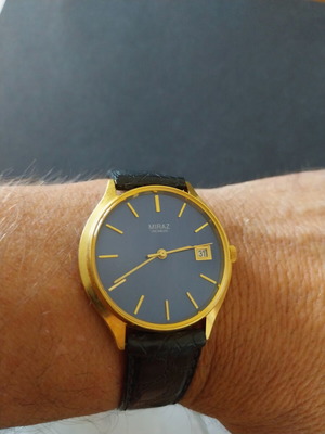 Miraz Swiss vintage men's wind-up watch NOS, gold plated, blue dial, leather strap 38mm
