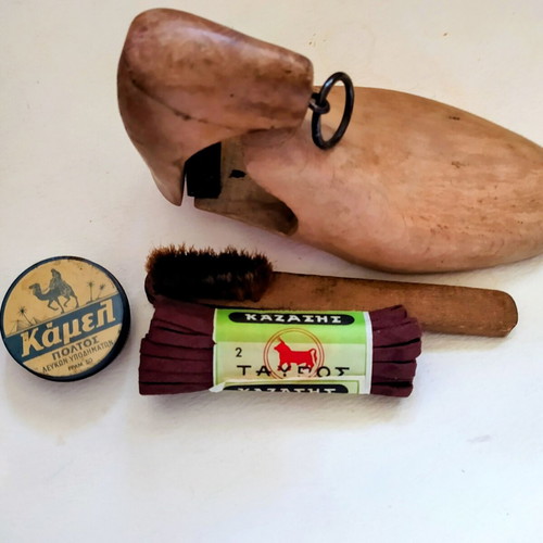 Vintage Shoe Care Set with Wooden Shoe Last, Brush, Camel Polish, Kazazis Laces
