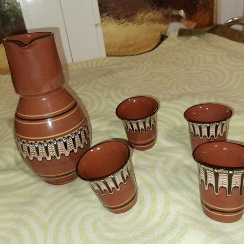 Authentic Bulgarian clay serving set used, jug and 4 cups