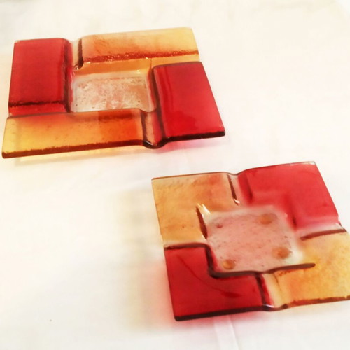 Set of Medium and Small Red Handmade Ashtrays Made of Blown Glass Like New
