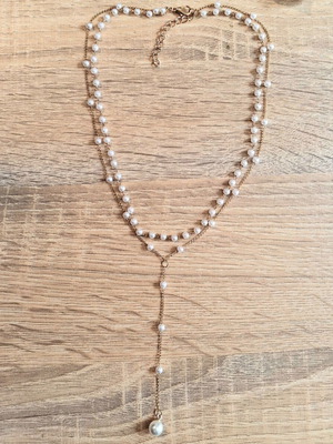 Κομψό κολιέ φο μπιζού με 2 σειρές συνθετικές πέρλες καινούργιο, λευκό και χρυσαφί