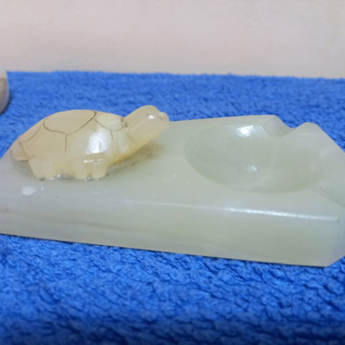 Agate stone decorative set used, brass details, two pieces