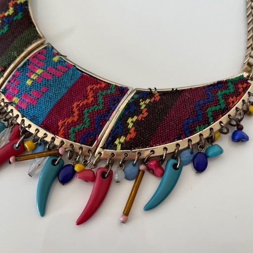 Boho Ethnic Statement Collar Necklace with Woven Fabric and Beads