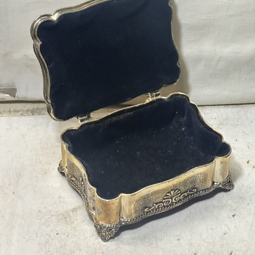 Vintage metal jewelry box with blue scarab, used