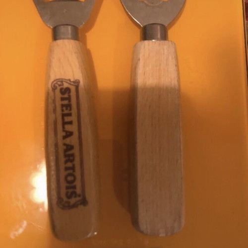 Set of 2 wooden Stella Artois and Kaiserdom collectible bottle openers, vintage 25 years