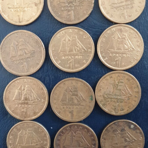 1 Drachma Kanaris coins used, set of 12, 1978-1984 Greece