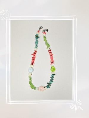 Parasol handmade necklace with ceramic shells and chips in green, pink, turquoise