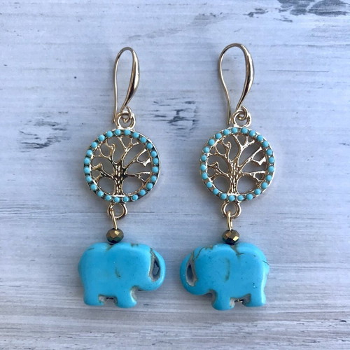 Earrings with elephants and gold metal tree of life new