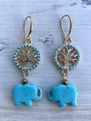 Earrings with elephants and gold metal tree of life new