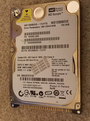 IDE 2.5' WD Scorpio 120GB hard drive used, very old and rare