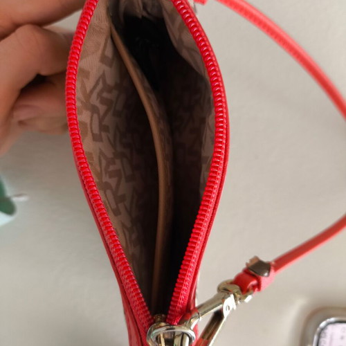 DKNY wristlet bag wallet in grey brown with red trim
