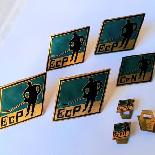 Set of vintage sports enamel pins with ice hockey theme, used