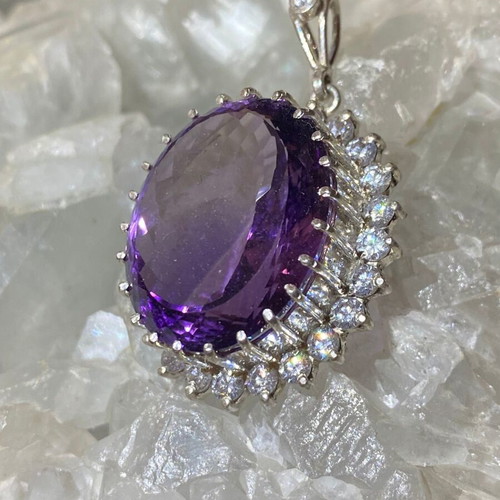 Silver pendant with large cut natural amethyst stone and moissanites, new