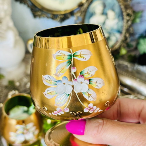 Vintage set of 6 green crystal glasses with gold decoration