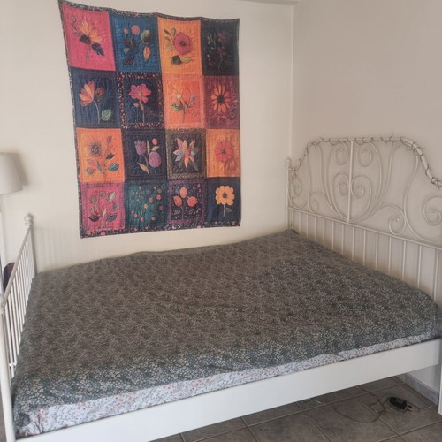 IKEA classic bed frame, white iron with wooden slats