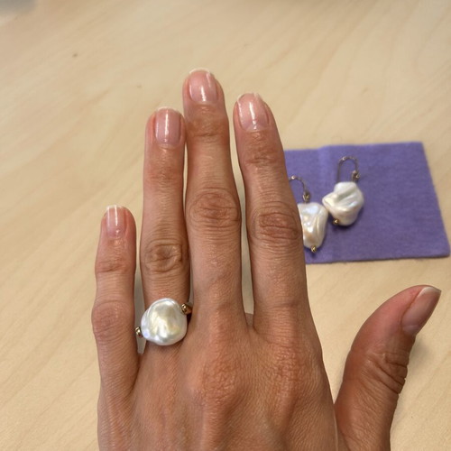 Gold Baroque Pearl Ring and Earrings Set new, genuine Tahiti pearls