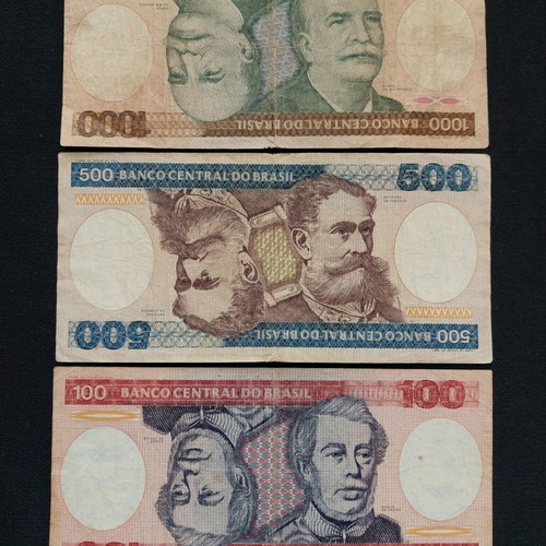 Brasil 1000=500=100 Cruzeiros banknotes used, set of 3