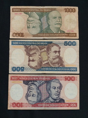 Банкноти Brasil 1000=500=100 Cruzeiros употребявани, комплект от 3