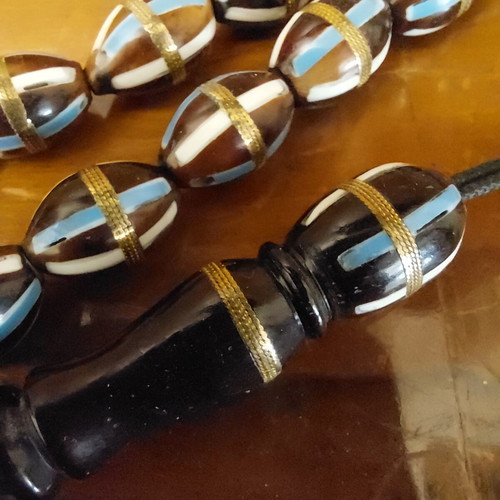 Old Egyptian Worry Beads from Kouk Wood with 33 Beads and Inlays, New