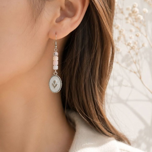 Vintage Tulip Cameo Earrings with Pink Beads handmade