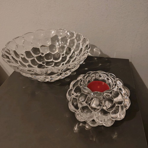 Orrefors Raspberry crystal bowl and candleholder like new