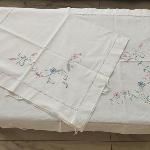 Handmade XL pillowcases pair 1m with floral embroidery and cross-stitch