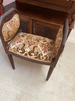 Handmade antique walnut velvet stool armchair used