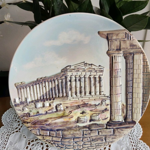 Decorative plate vintage handmade 60s with embossed Parthenon like new