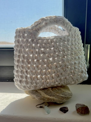 Handmade white chunky crochet handbag with top handles