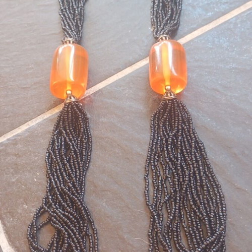 Vintage Statement Boho Necklace with Orange Resin Beads and Multistrand Seed Beads like new