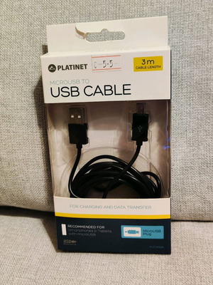Καλώδιο Micro USB to USB Platinet καινούργιο, μήκος 3 μέτρα