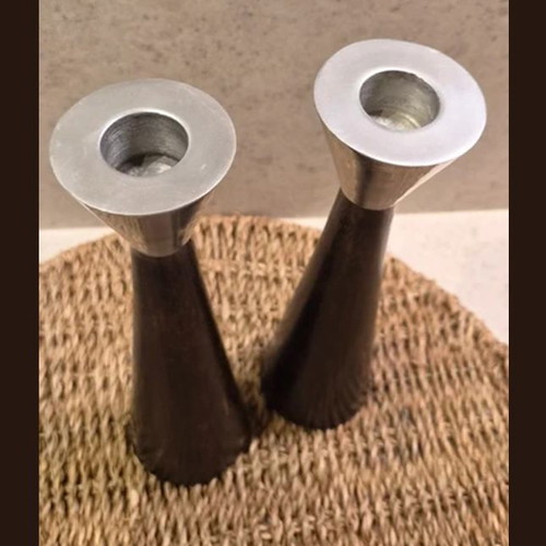 Set of 2 Vintage Wooden Candle Holders with Aluminium, Scandinavian Design