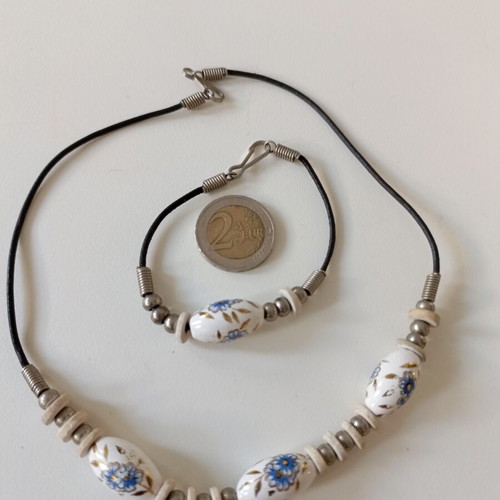 Vintage jewelry set with hand-painted white ceramic beads and gold accents