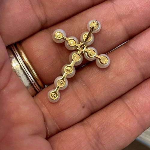 Stavros gold 18k cross with four diamonds and pearls used